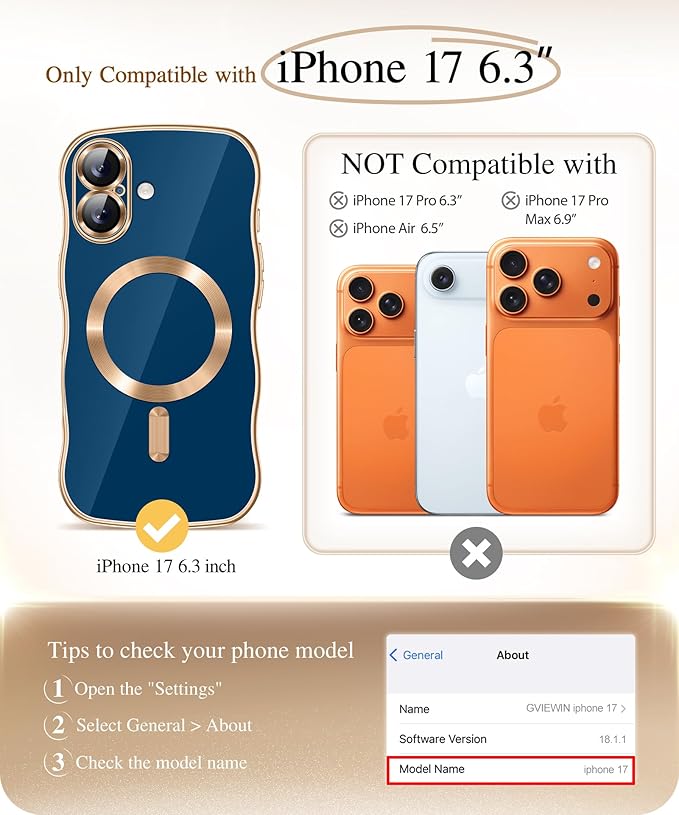 GVIEWIN for iPhone 17 Case Compatible with MagSafe, Upgraded [Full Camera Protection][Cute Wave Frame][Military Grade Protection] Electroplated Hard Phone Cover for Women Girl, Blue