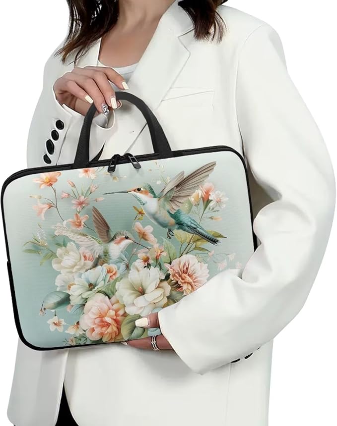 Hummingbird 15 Inch Laptop Sleeve for Women Protective Case Cover Compatible with 10-17 inch Chromebook, Notebook, Briefcase, Spring Floral Waterproof Computer Cases Bag with Handle