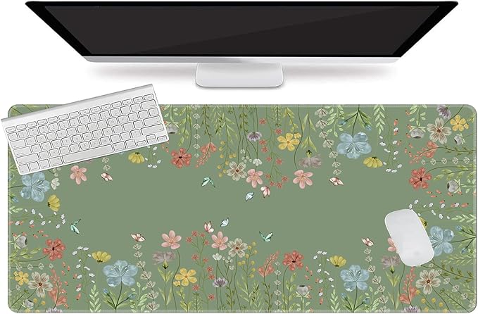 L-SPOUTTO Green Desk Mat for Keyboard and Mouse,XXL Large Mouse Pad Non-Slip Keyboard Pad Waterproof Desktop Mat for Laptop Computer Work Game Home Office-Green Floral