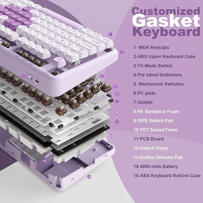 YUNZII B87 Wireless Mechanical Keyboard,QMK/VIA Programmable,TKL Layout 87 Keys,BT/2.4G/USB-C,Hot Swap Gasket Mount RGB Backlit Gaming with Wrist Rest for Win/Mac (Purple Heart, Cocoa Cream V2)