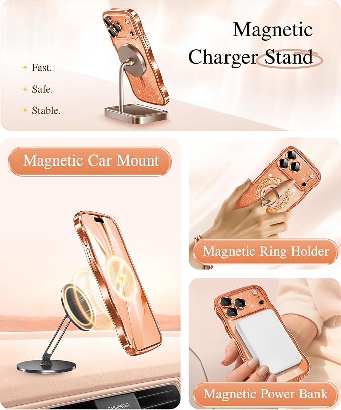 GVIEWIN for iPhone 17 Pro Case Compatible with MagSafe, Upgraded [Full Camera Protection][Cute Wave Frame][Military Grade Protection] Electroplated Hard Phone Cover for Women Girl, Glitter/Orange