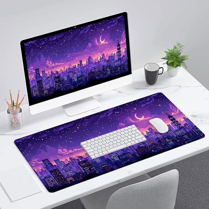 Japanese Anime Gaming Mouse Pad Pixel City Skyline Neon Large Gaming Mouse Mat with Stitched Edges,Non-Slip Waterproof Rubber Base Mous Mat 31.5"x11.8" Office Computer Keyboard Laptop Home