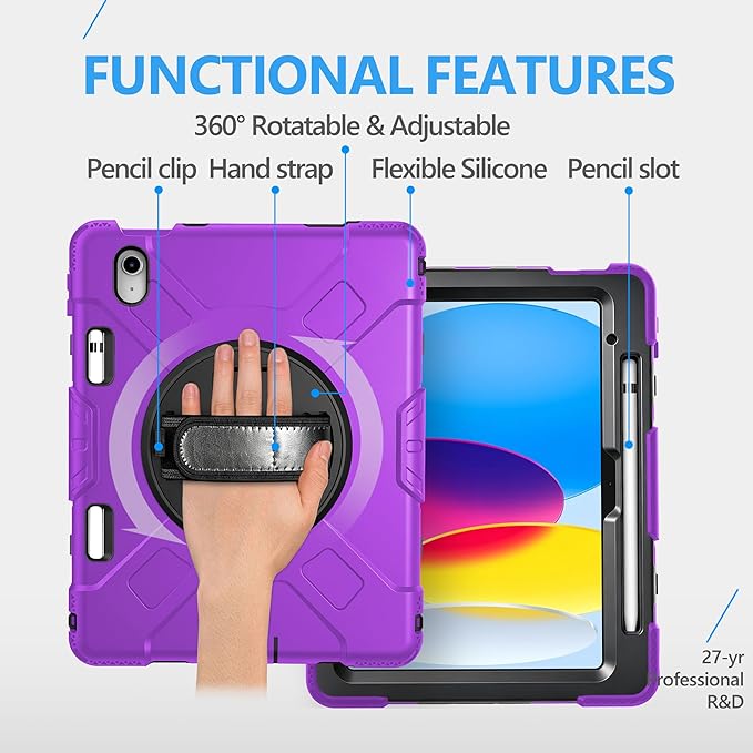 Case for iPad (A16) 11th/10th Generation Case: Protective Cover for iPad 11th Gen 11 Inch 2025 &10th Gen 10.9" 2022 with Screen Protector- Stand- Shoulder Strap- Handle- Pencil Holder-Black+Purple