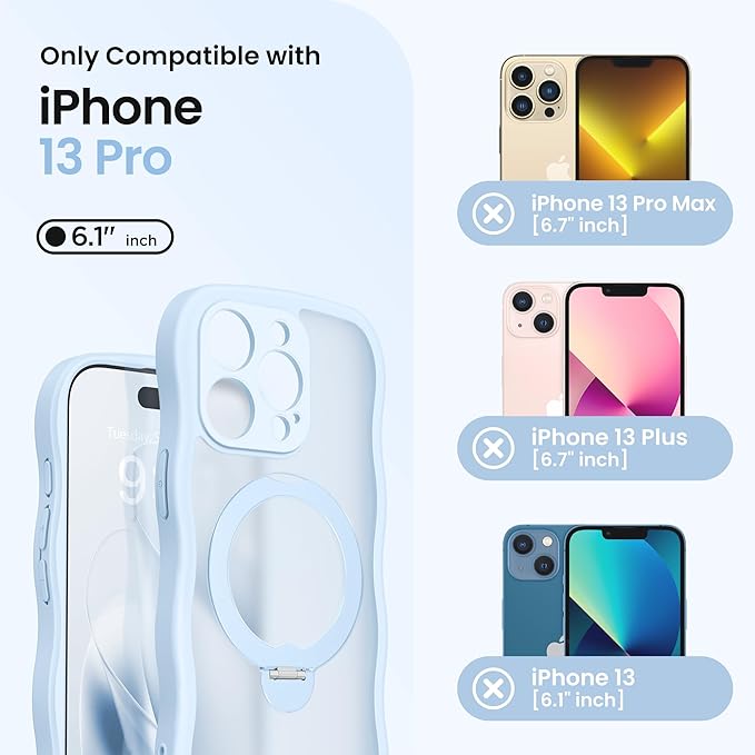 CAPRARO for iPhone 13 Pro Case with 360° Spin Magnetic Stand for Women, [Compatible with MagSafe] [Full Camera Protection] Cute Wave Translucent Matte Case for iPhone 13 Pro, Light Blue