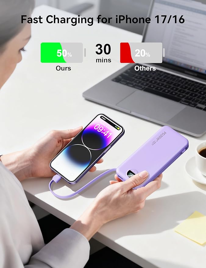 10000mAh Ultra-Portable-Charger-Power-Bank with Built in Cables&AC Wall Plug, PD20W USB-C Fast Charging Cell Phone Charger Battery Pack,LED Display Travel Battery Bank for All iPhone,Samsung,Android