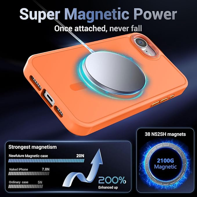 Newfuture Designed for iPhone 17e Case & iPhone 16e Case with Magnetic [13 FT Military Drop Protection] [Compatible with Magsafe] Slim Translucent Shockproof with Anti-Fingerprint Phone Case, Orange