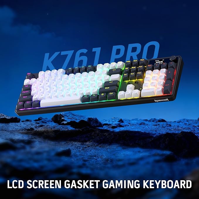 Redragon K761 Wireless Gasket Gaming Keyboard w/Hype Screen & Knob, 104 Keys Mechanical Keyboard, Easy-Control 1.26’ TFT Info Display, 5-Layer Noise Dampening, Custom Linear Switch, Abyssal Blue
