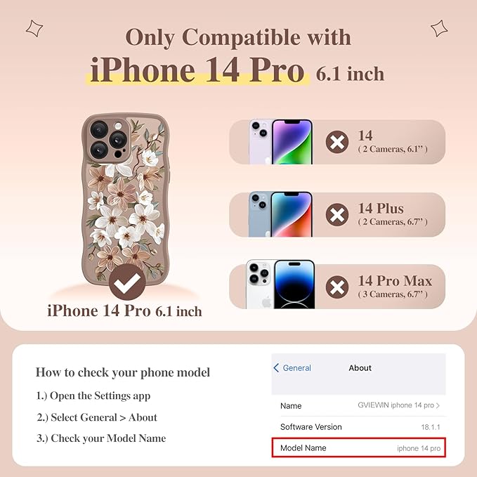 GVIEWIN for iPhone 14 Pro Case Compatible with MagSafe [Curly Wave Edge][Full Camera Protection] Floral Translucent Shockproof Magnetic Women Phone Case for 14 Pro, Dogwood/Brown