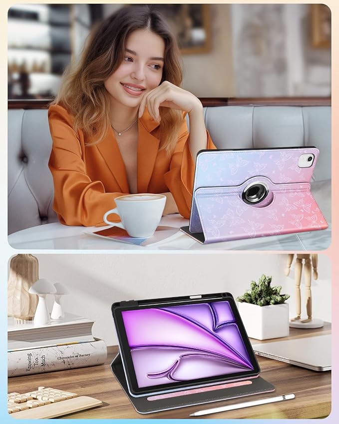 Kidcube for iPad Air 13 Inch Case (M3/M2)/for iPad Pro 12.9 Cases 6th/5th (2022/2021) - Women Girls Cute Rotating Stand Folio Cover with Pencil Holder & Card Slot Design Girly Kawaii Butterfly Cover