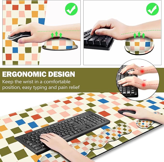 ARTSO Large Mouse Pad with Keyboard Wrist Pad and Mouse Wrist Pad Set, Ergonomic Computer Desk Wrist Support Mousepad for Keyboard and Mouse-Vintage Color Plaid
