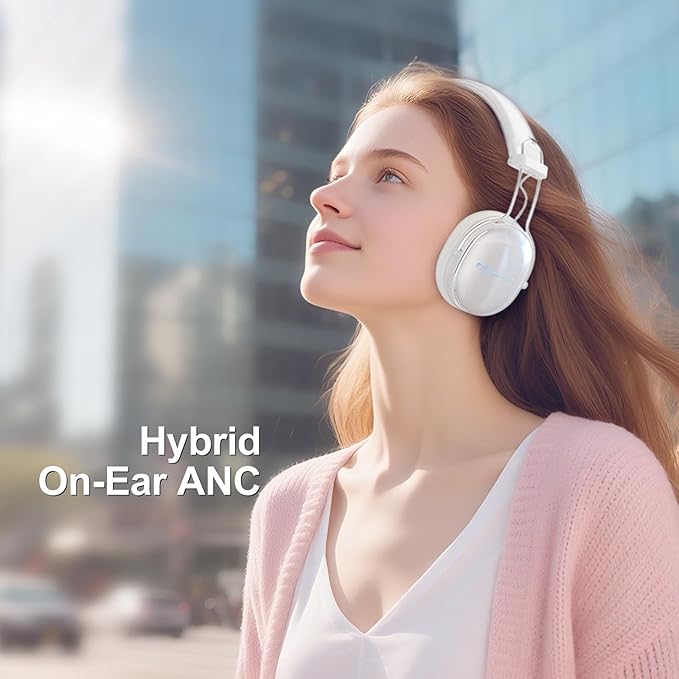 Wireless Bluetooth On-Ear Headphones, Active Noise Cancelling, Hi-Res Sound, 55H Playtime, Foldable Design, Lightweight and Comfortable, Multipoint Connection, for Home Office Travel, White