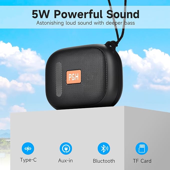 Portable Bluetooth Speaker, Small Speakers Bluetooth Wireless, IPX7 Waterproof Bluetooth Speaker Suitable for in Bathroom, Pools, Boating and Hiking Black