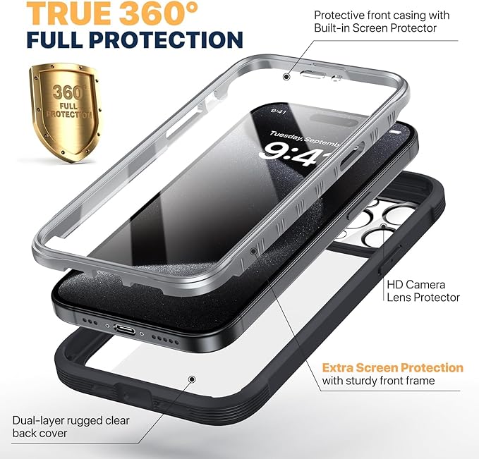 Diaclara Designed for iPhone 15 Pro Case, [Military-Grade Drop Proof] Full-Body Bump Case with Built-in Shockproof Screen Protector, [Camera Lens Protector] Phone Cover for iPhone 15 Pro 6.1"(Black)