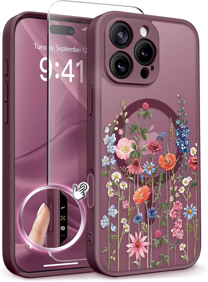 GVIEWIN for iPhone 16 Pro Case Compatible with MagSafe, [Military Grade Protection] [Screen Protector] Full Camera Protection Floral Translucent Women Magnetic Phone Case, Wild Petals/Red