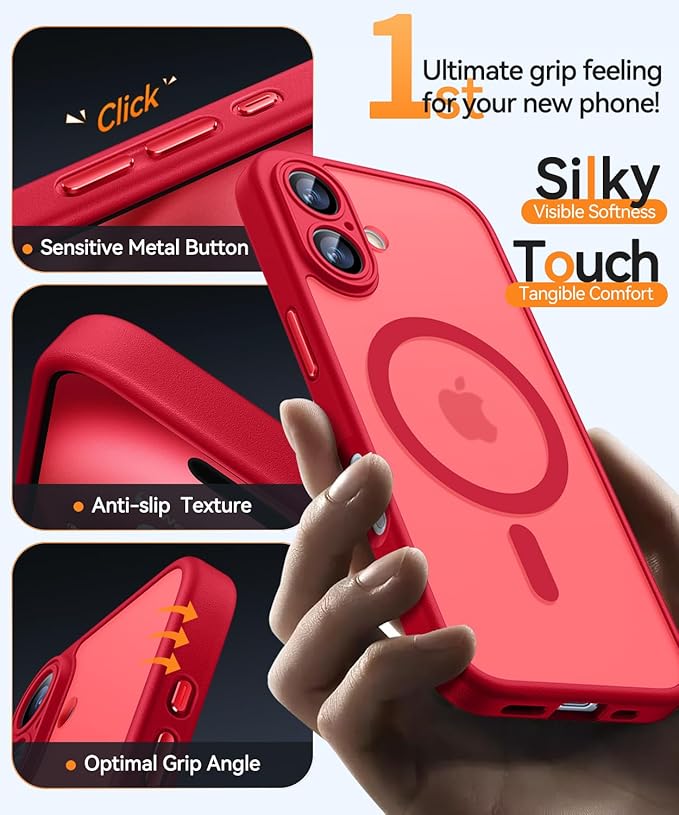CANSHN Magnetic for iPhone 16 Plus Case, Upgraded [Full Camera Protection] [Compatible with Magsafe] [Translucent Matte] Shockproof Protective Phone Case for iPhone 16 Plus - Red