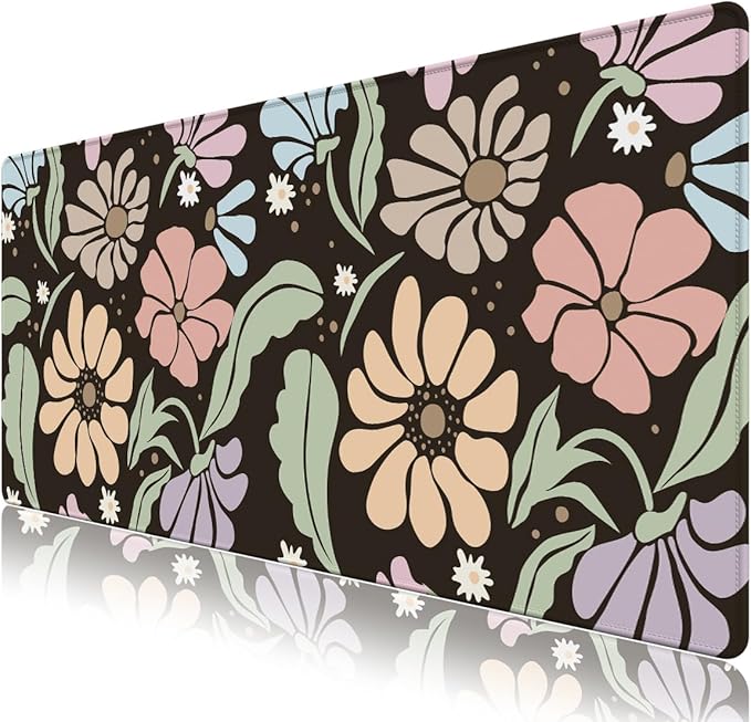 ARTSO Black Large Desk Mat,XXL Gaming Mouse Pad,Non Slip Desk Pad with Rubber Base,Floral Extended Keyboard Mat with Stitched Edges for Office Home School