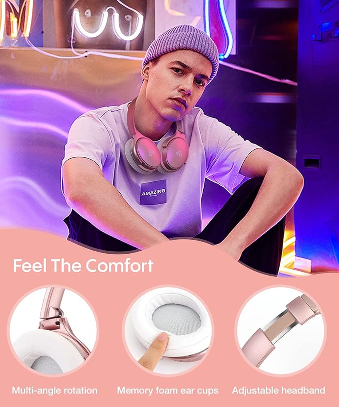 INFURTURE Pink Headphones Over Ear Headphones Active Noise Cancelling Bluetooth Headphones, Deep Bass Headset, Low Latency, 90H Playtime, Foldable Headphone for Sport Running Cool Gadgets Gift-H1