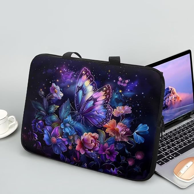 Purple Butterfly Floral 10 Inch Laptop Sleeve, Protector Laptop Case Tote Bag, Women Computer Cover with Zipper Work Travel Handbag Tablet Carrying Shoulder Bag for School Business