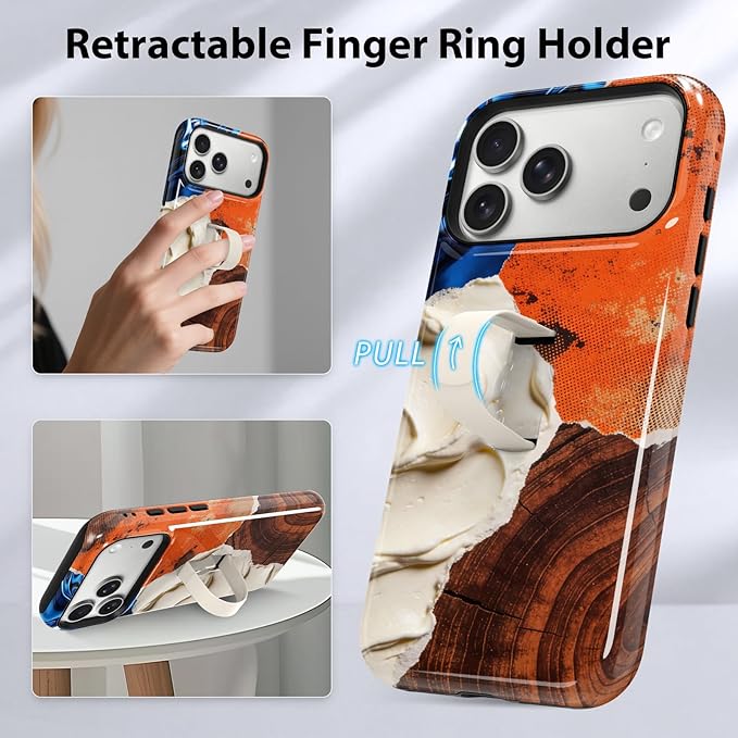 KANGHAR Compatible with iPhone 17 Pro Case, Support for MagSafe, Silicone Marble Cute Pattern, Finger Hold Wristband Kickstand Camera Protection Soft Slim Phone Case for Girls Women -Orange‌