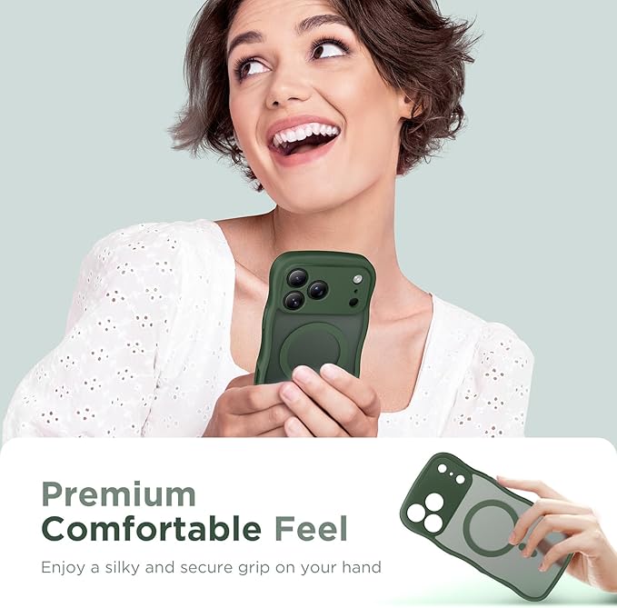 CAPRARO Magnetic for iPhone 17 Pro Case for Women Girls, Upgraded [Full Camera Protection] [Compatible with MagSafe] Cute Wave Translucent Matte Phone Case for iPhone 17 Pro, Deep Green