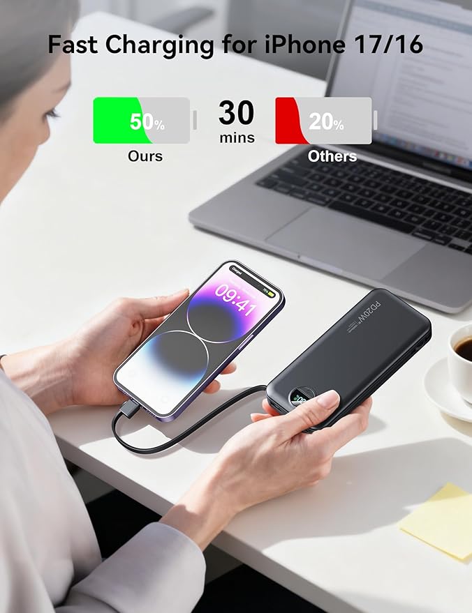 10000mAh Ultra-Portable-Charger-Power-Bank with Built in Cables&AC Wall Plug, PD20W USB-C Fast Charging Cell Phone Charger Battery Pack,LED Display Travel Battery Bank for All iPhone,Samsung,Android