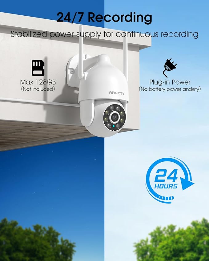 ARCCTV 2K Security Camera Outdoor, 2.4G/5G WiFi 24/7 Recording Security Camera, 360° PTZ Auto Tracking, Motion Tracking, Full Color Night Vision, Waterproof
