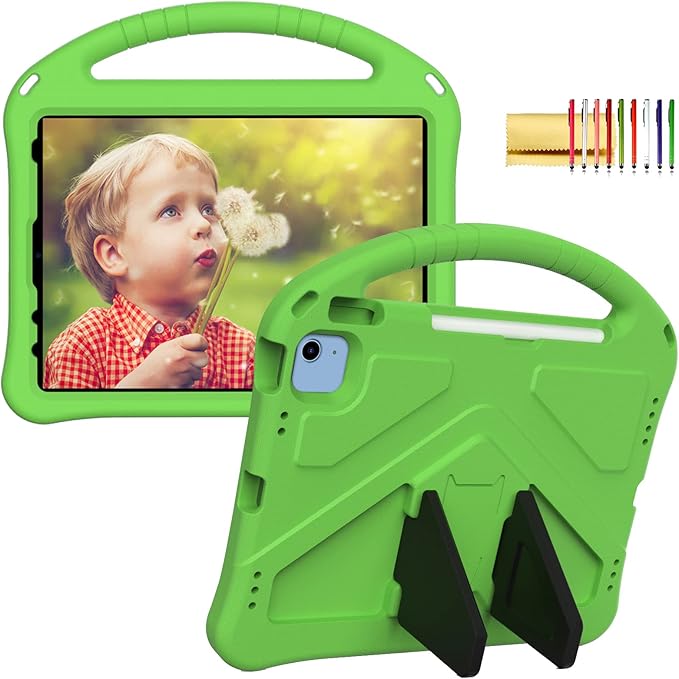 Kids Case for iPad A16 11th/10th Generation 2022/2025 11-Inch iPad Cover with Pencil Holder, Techcircle Lightweight Shockproof EVA Foam Rugged Handle Stand Anti-Slip Grip Protective Case, Green