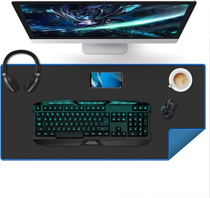 Large Gaming Mouse Pad(35.4x15.7x0.16in), Black Thick Computer Extended Mousepad for Laptop, 35% Larger Smooth Keyboard Mat with Non Slip Blue Rubber Base, Desk Pad with Durable Stitched Edges