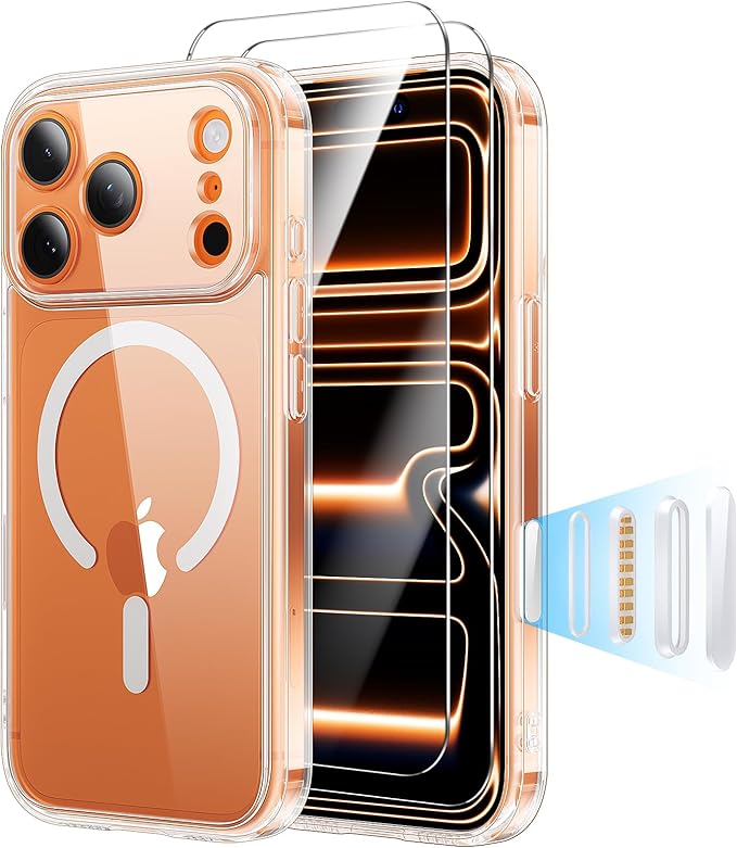 Anti-Yellowing for iPhone 17 Pro Case with 2X Screen Protectors, [Compatible with MagSafe] [12FT Military Grade Drop] Slim Thin Phone Cover 6.3 Inch,Clear
