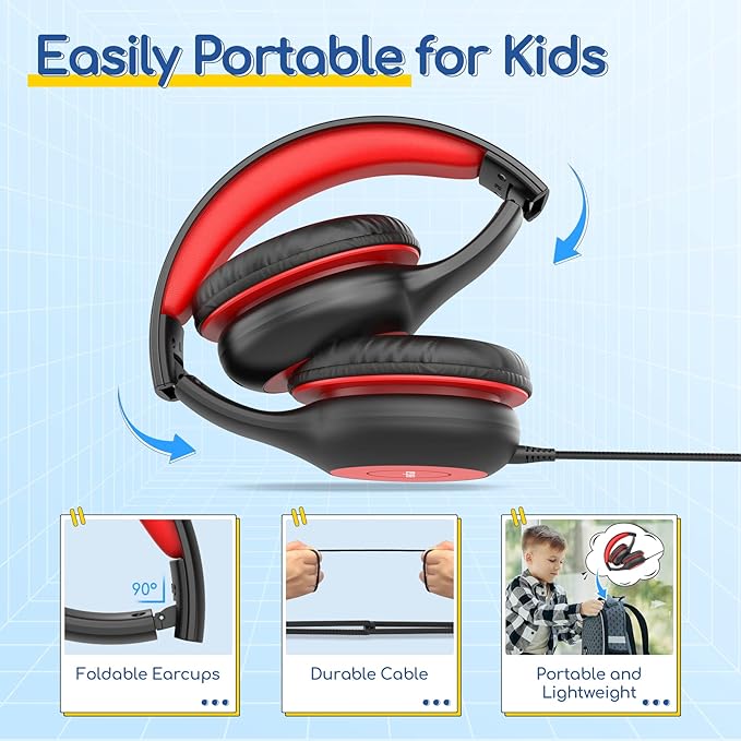 EarFun K1 Kids Headphones Wired with Microphone, 85/94dB Volume Limit Headphones for Kids, Portable Wired Headphone with Shareport, Stereo Sound Foldable Headset for School/Tablet/iPad, Black Red
