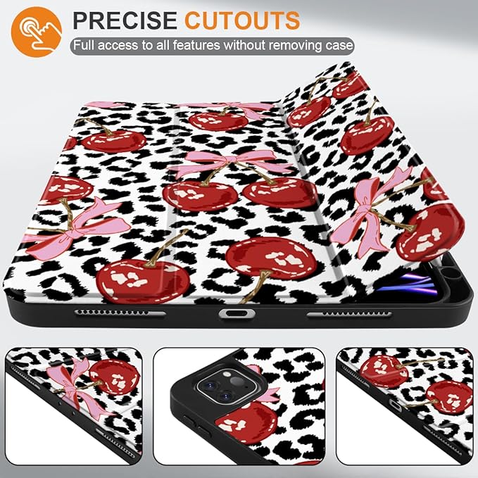 MEEgoodo for iPad Pro 12.9 Case M2 6th/5th/4th/3rd Generation 2022 2021 2020 2018 with Pencil Holder, Tablet Cover with Soft TPU Back Shell, Leopard & Cherry