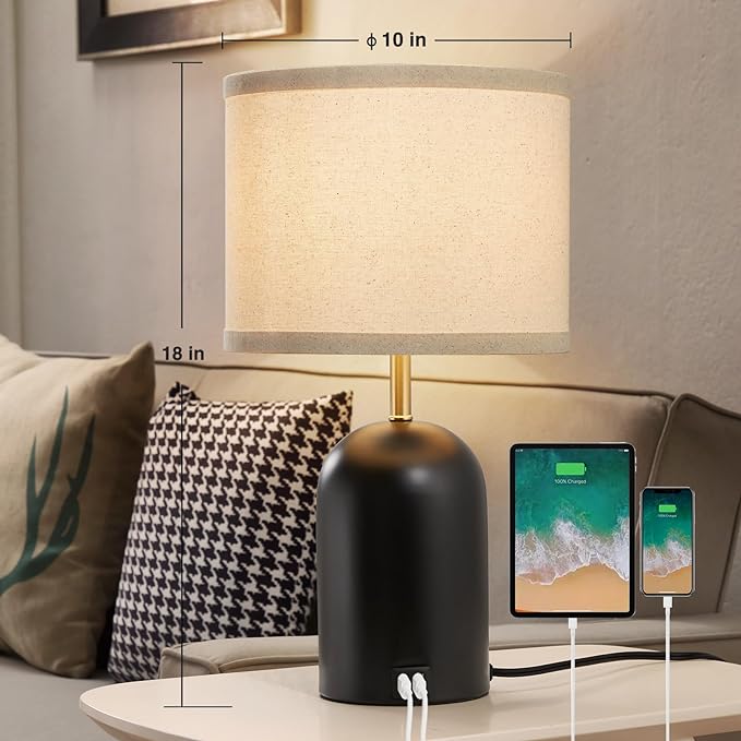 GyroVu Touch Control Table Lamps Set of 2, Modern Bedside Lamp with 2 USB Ports, Dimmable Gold and Black Nightstand Lamp with Fabric Shade for Living Room Bedroom Office Dorm(LED Bulbs Included)