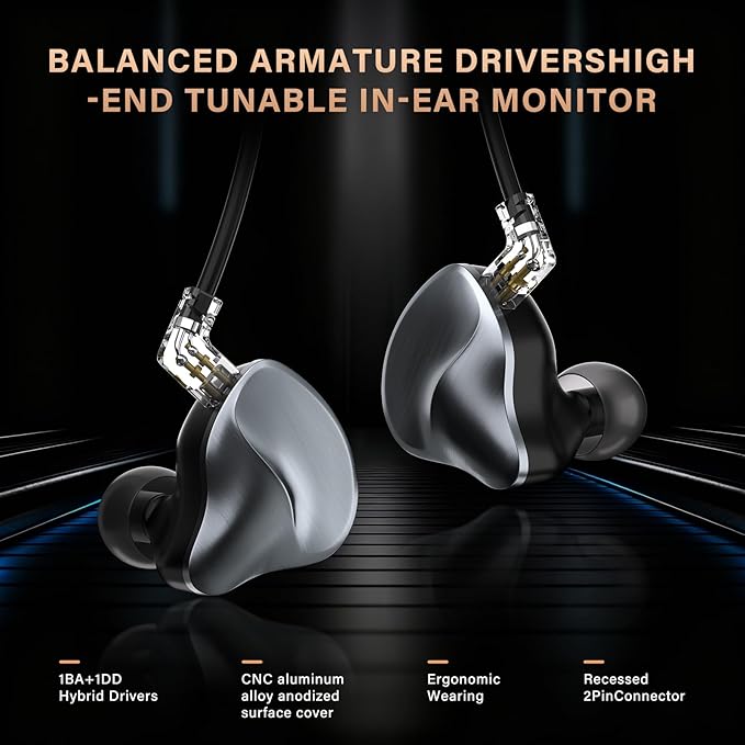 MAXAUX in Ear Monitors Earphones Wired IEM Headphones Without Microphone,1DD+1BA HiFi Bass,4N OFC Detachable Cable,Noise Isolating Earbuds for Musicians,Singers,Studio,Gaming,Stage Monitors,DJ,PC,PS5