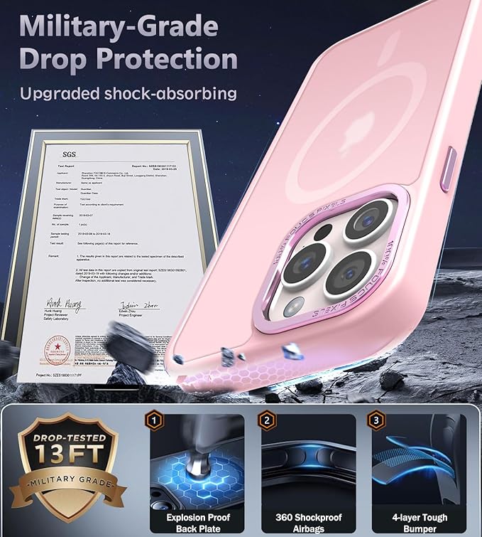 Newfuture Designed for iPhone 14 Pro Case with Magnetic [13 FT Military Drop Protection] [Compatible with Magsafe] Slim Translucent Matte Shockproof with Anti-Fingerprint Phone Case, Tender Pink