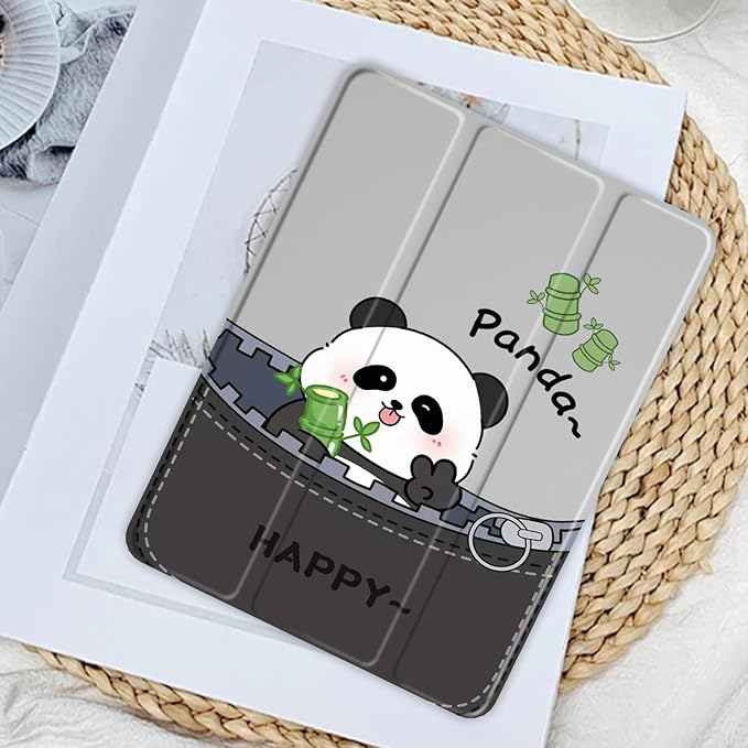 JOYLAND Cute Happy Panda Pattern Case for iPad Pro 13-inch (M4) 2024, Clear Acrylic Hard Back Grey Case with Pencil Holder Trifold Stand Tablet Cover (Model Number:A2925/A2926/A3007)