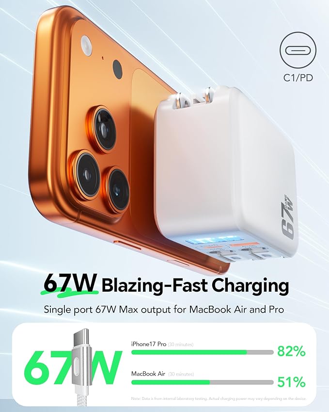 Retractable Wall Charger, 67W Fast Charging with Digital Display, Dual Built-in Retractable Cables (3.3ft), 4-in-1 Travel Plug for iPhone 17/16, MacBook, Galaxy S26