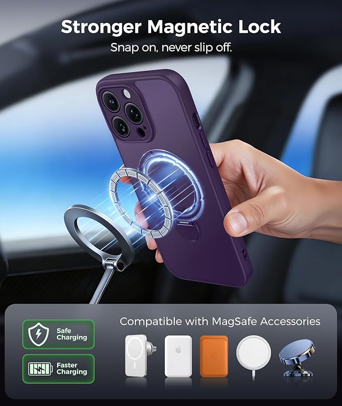 FNTCASE for iPhone 13 Pro Case: [360 Spin Magnetic Stand] [Compatible with Magsafe] [Screen Protector] Translucent Matte Military Grade Shockproof Full Camera Protective Phone Cover - Purple