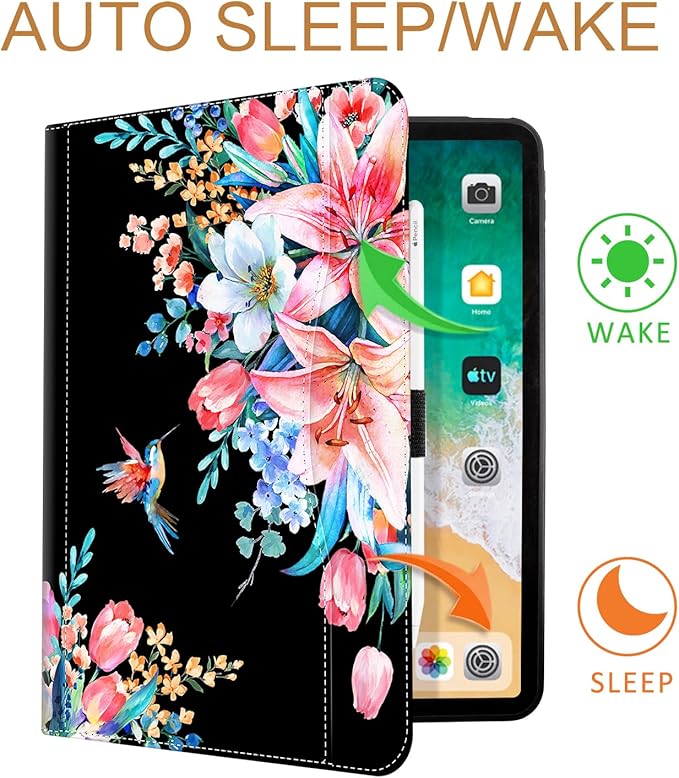 Vimorco for iPad Air M4/M3/M2 11 Inch Case 2026,for iPad Air 5th/4th Gen Cases,for iPad Pro 11 Inch Case 4th/3rd/2nd/1st Generation 360 Degree Rotating Pencil Holder 5 Viewing Angles,Black Flower Bird