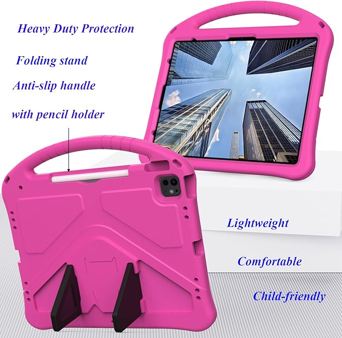 for iPad Pro 12.9 inch Kids Case 6th/5th/4th/3rd Generation (2022/2021/2020/2018) with Kickstand/Pencil Holder/Handle Stand Lightweight Soft EVA Shockproof Heavy Duty Protective Cover, Rose