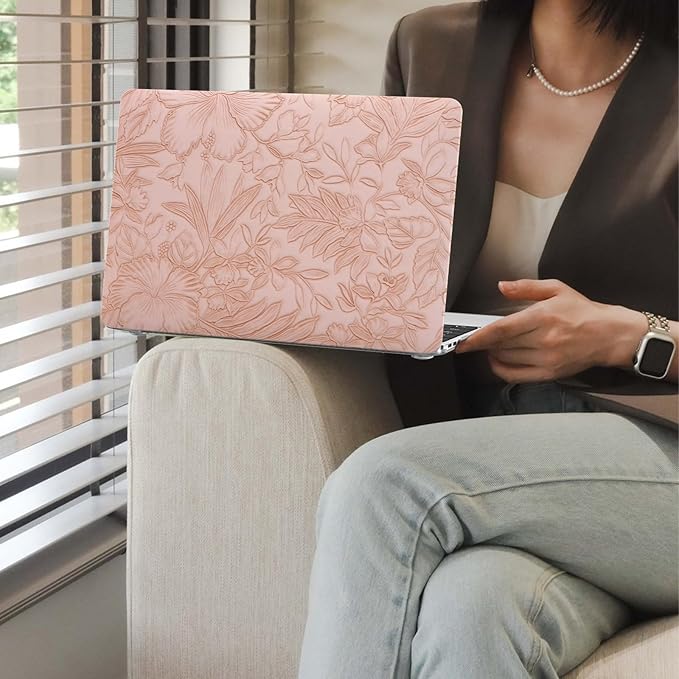 iCasso Compatible with MacBook Air 13 inch Case 2020 2019 2018 Release A1932 A2179 M1 A2337, Texture Leather Plastic Hard Shell Case + Keyboard Cover + Screen Protector, Pink Embossed Floral
