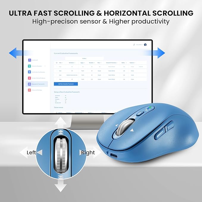 Wireless Bluetooth Mouse Rechargeable,USB+BT×2,Multi Device Quiet Ergo Computer Mouses,Metal 4-Way Super Scrolling,± 3200 DPI,10 Button,Plug&Play,Cordless Mice for Laptop,Tablet,Mac,iPad,PC,Phone-Blue