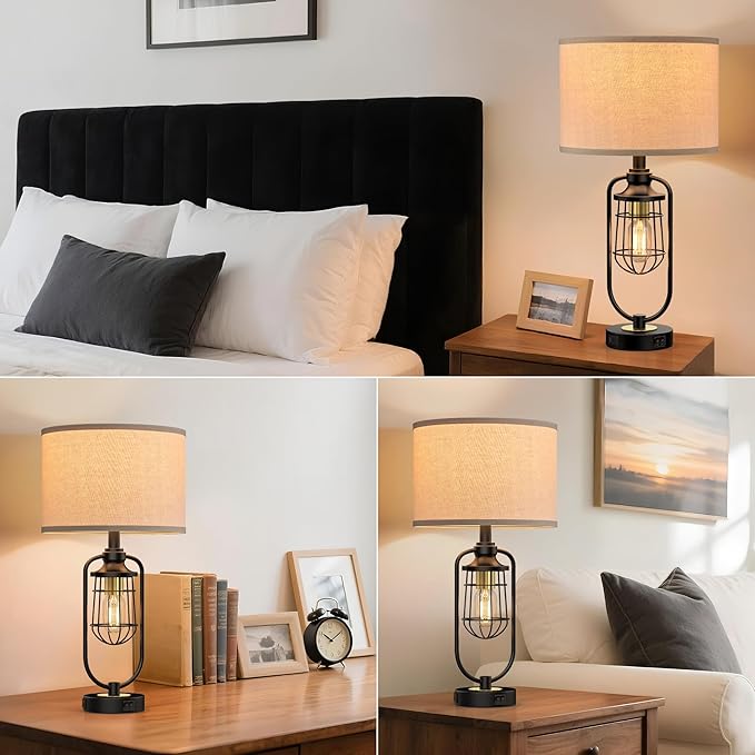 Table Lamps for Living Room Set of 2, Farmhouse Lamps for Night Stands, Industrial Bedside Lamps for Bedroom End Table with USB A+C, Bulbs Included