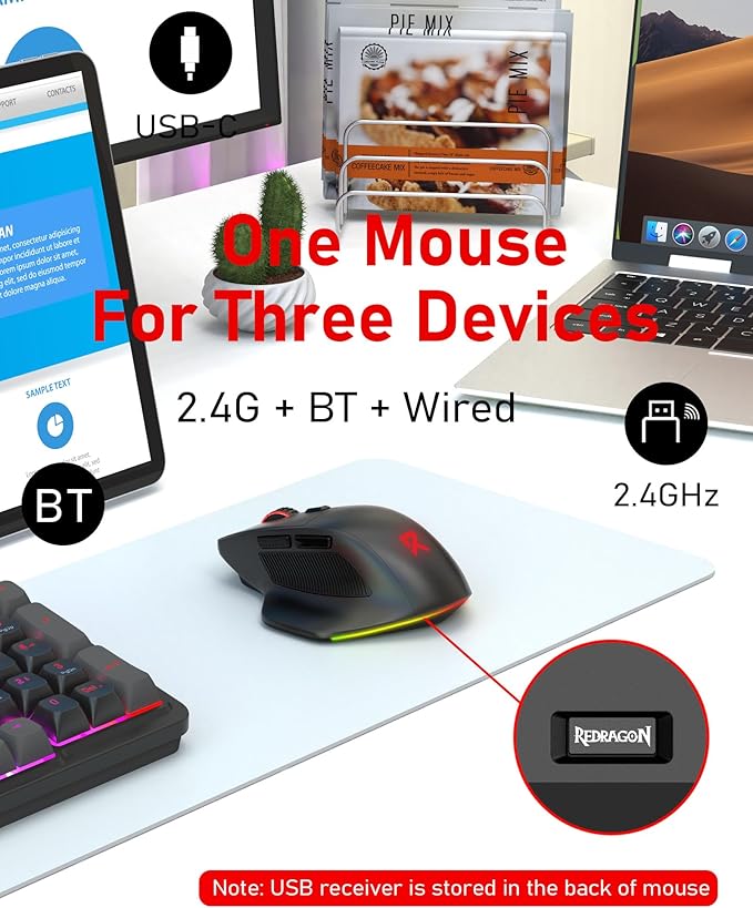 Redragon Large Wireless Gaming Mouse for Big Hands, Tri-Modes 2.4G/Bluetooth/Wired Rechargeable Ergo RGB Mouse with 2 Side Buttons, 6 Backlit Modes, Programmable Macro Gamer Mouse