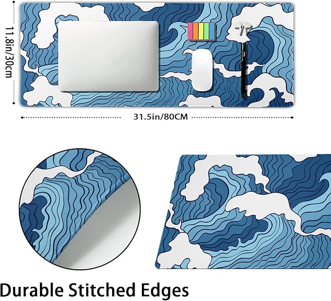 Japanese Blue and White Wave Gaming Mouse Pad XL Anime Sea Texture Extended Large Desk Mat Big Mousepad Non-Slip Rubber Base Stitched Edge Long Desk Pad for Desktop PC Computer Gamer,31.5×11.8 Inch