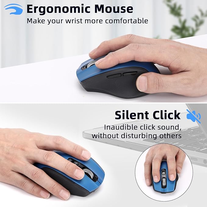Wireless Bluetooth Mouse with USB-A, USB-C Receiver, Rechargeable, 3-Device, Full-Size, Silent Click, Ergonomic Mice for MacBook/Laptop/Computer/Tablet/PC/iPad-Blue