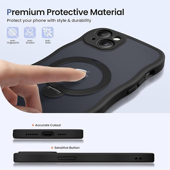 CAPRARO for iPhone 15 Plus Case with 360° Spin Magnetic Stand for Women, [Compatible with MagSafe] [Full Camera Protection] Cute Wave Translucent Matte Case for iPhone 15 Plus, Black