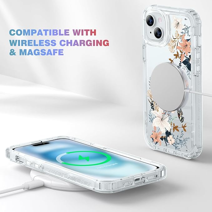 Diaclara Designed for iPhone 15 Plus Clear Flower Butterfly Phone Case 6.7’’, Full Body Rugged Cover w/Built-in Screen Protector+ GlassCamera Lens Protector(Butterfly)