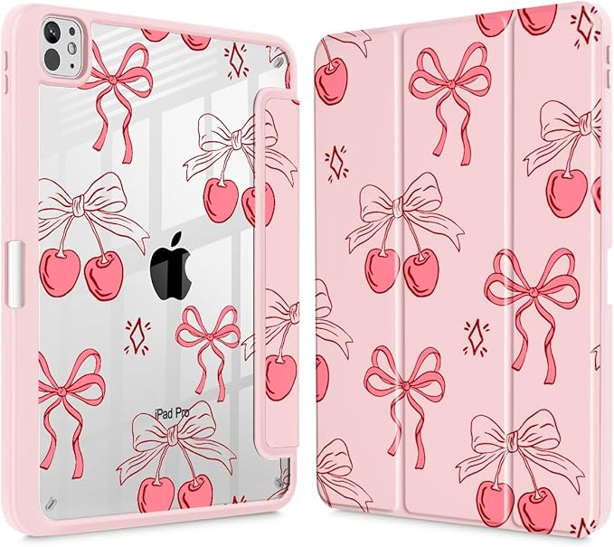May Chen for iPad Pro 13 Inch Case M5 2025 / M4 2024, Built Pencil Holder & Clear Transparent Print Back Shell Slim Stand Shockproof Tablet Cover, Auto Wake/Sleep, Coquette Cherry Bow