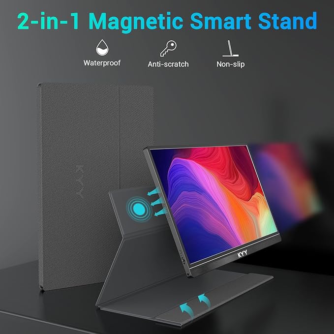KYY Portable Monitor 15.6'' FHD 1080P USB C HDMI Gaming Monitor Ultra-Slim IPS Display w/Smart Cover & Speakers, Plug&Play, External Monitor for Laptop PC Phone Mac Xbox PS4