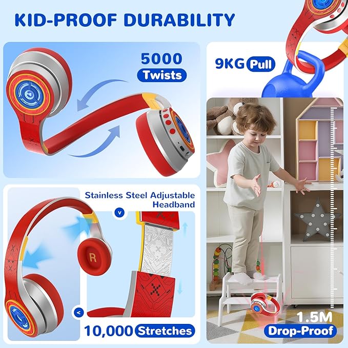 iClever Auraa Active Noise Cancelling Headphones for Kids, LED Light Up, Bluetooth 6.0, Type C Fast Charging, Safe Volume 80dBA, 47H Play Time, Kids Headphones Wireless for Travel iPad Tablet, Sliver